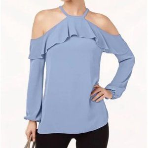 Michael Kors Blue Long Sleeve Ruffle Blouse Cold Shoulder